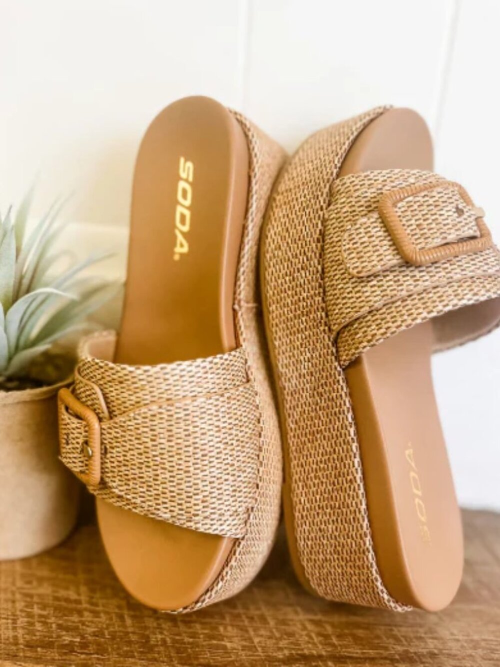 SODA Raffia Slide Platform Tan Sandals